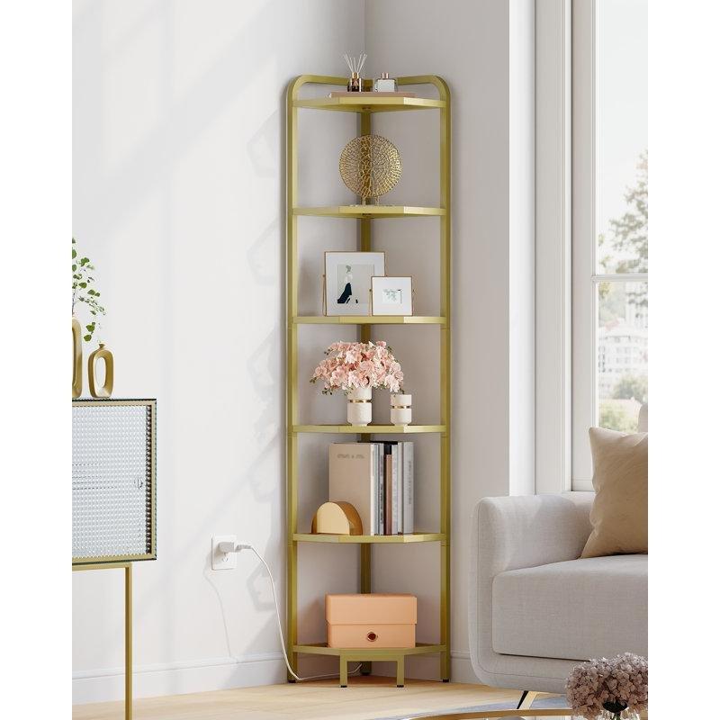 Gold Çelik İskeletli Cam Raflı LED Aydınlatmalı 6 Katlı Köşe Vitrin - Gümüşlük - 162x31x31 cm - 157333
