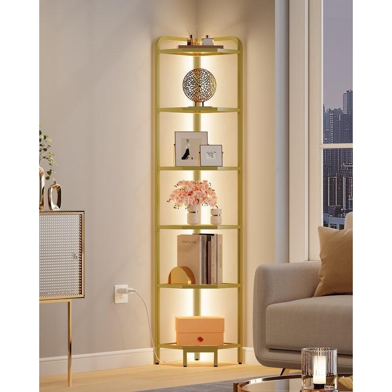 Gold Çelik İskeletli Cam Raflı LED Aydınlatmalı 6 Katlı Köşe Vitrin - Gümüşlük - 162x31x31 cm - 157333
