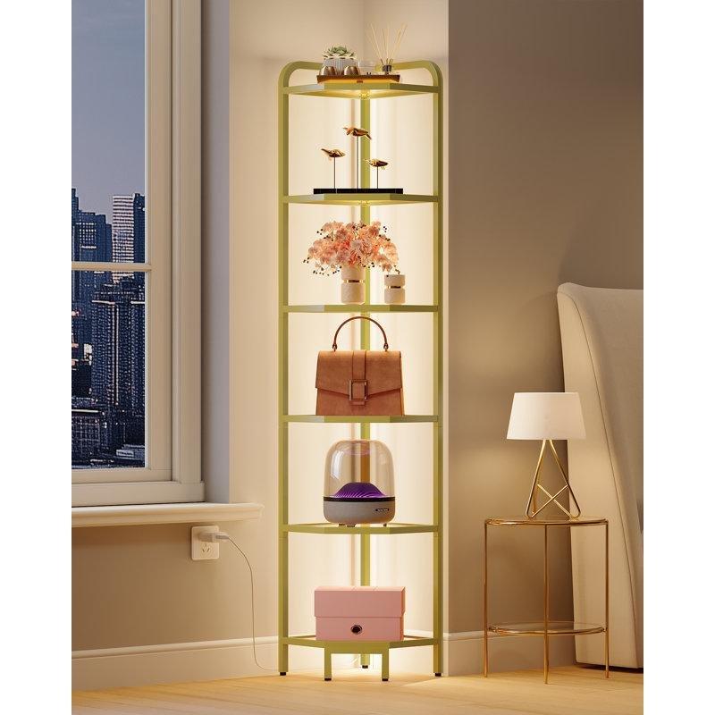 Gold Çelik İskeletli Cam Raflı LED Aydınlatmalı 6 Katlı Köşe Vitrin - Gümüşlük - 162x31x31 cm - 157333