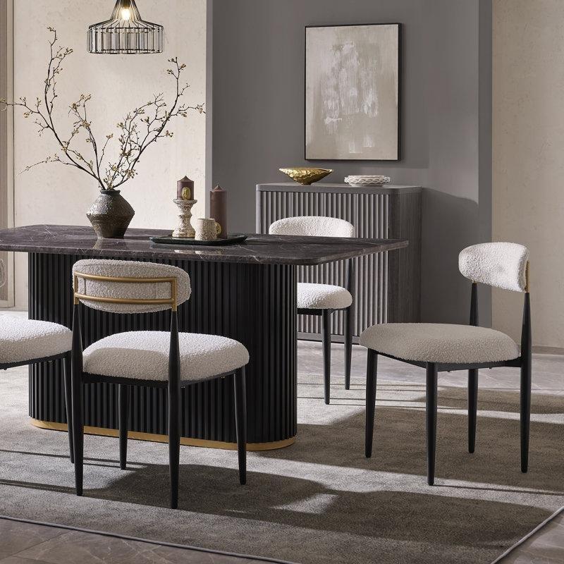 Gold Detaylı Bukle Kumaş Döşemeli Metal Ayaklı Sandalye 2li Set - 146784