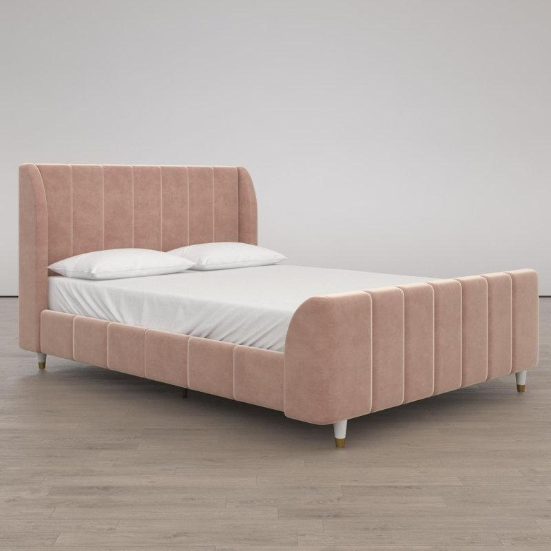 Gold Detaylı Kadife Dikey Kanallı Kulaklı Başlıklı Karyola - 152x210 cm - 143026