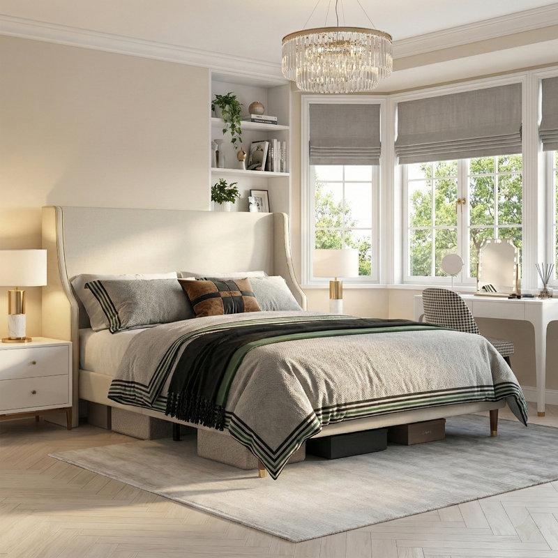 Gold Detaylı Keten Döşemeli Kulaklı Başlıklı Platform Karyola - 143317