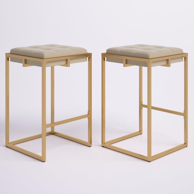 Gold Kadife Kapitoneli Sırtlıksız 2li Set Bar Sandalyesi - 66 cm - 148101