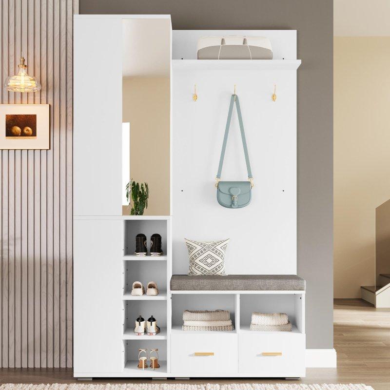 Gold Kulplu Beyaz Aynalı Oturaklı ve Çekmeceli Portmanto Vestiyer - 120x35x190 cm - 158884