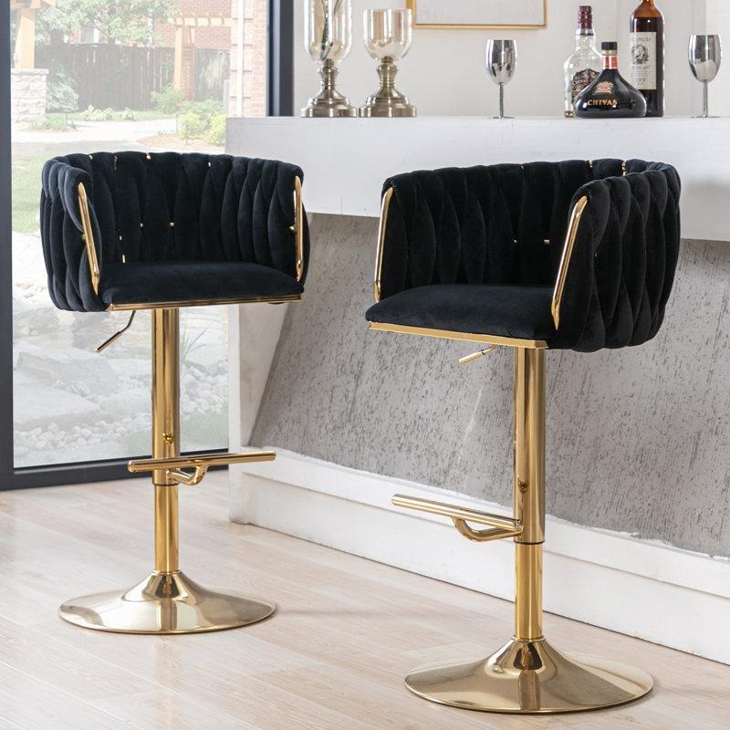 Gold Metal Ayaklı Kadife Döner Amortisörlü Fıçı Sırtlı Bar Sandalyesi - 147819