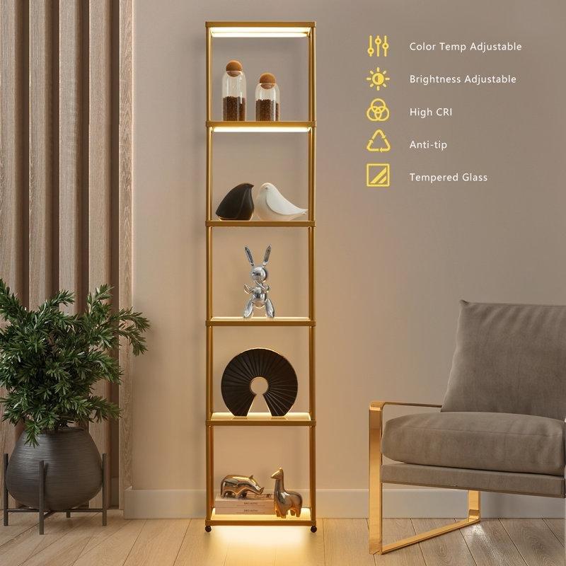 Gold Metal İskeletli 5 Cam Raflı LED Aydınlatmalı Vitrin - Gümüşlük - 184 cm - 157330