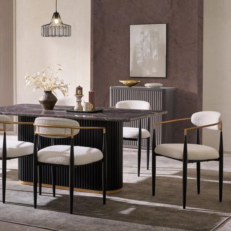 Gold Metal Kolçaklı Bukle Kumaş Döşemeli Sandalye - 2li Set - 146787