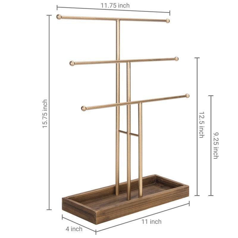 Gold Metal ve Ahşap Tepsili 3 Katlı Takı Standı - 41 cm - 145200