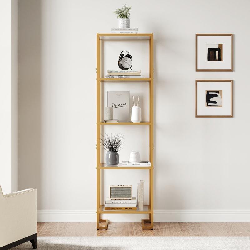 Gold Metal ve Temperli Cam 5 Raflı Modern Açık Vitrin - Gümüşlük - 139x40x30 cm - 157318