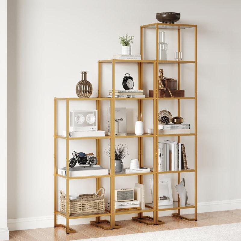 Gold Metal ve Temperli Cam 5 Raflı Modern Açık Vitrin - Gümüşlük - 139x40x30 cm - 157318