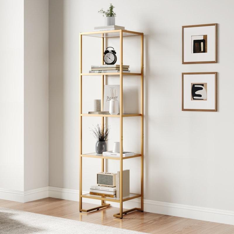 Gold Metal ve Temperli Cam 5 Raflı Modern Açık Vitrin - Gümüşlük - 139x40x30 cm - 157318