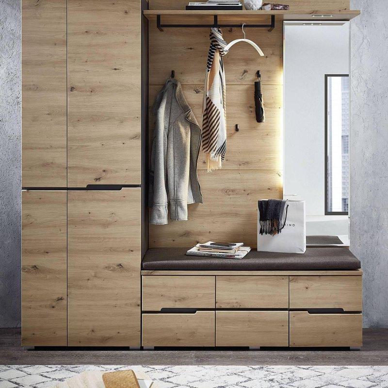 Grafit ve Artisan Meşe Dekorlu LED Aydınlatmalı Oturaklı Portmanto Vestiyer - 185 cm - 159202