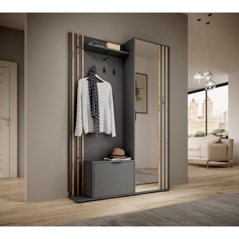 Grafit Zanaatkar Meşe Ahşap Aynalı Çıtalı Portmanto Vestiyer - 105x200x51 cm - 159349