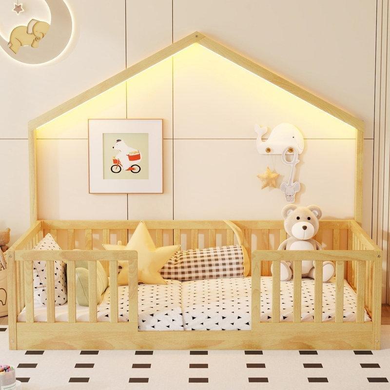 Gri Ahşap LED Işıklı Yüksek Korkuluklu Çatılı Montessori Karyola - 104x202 cm - 142696