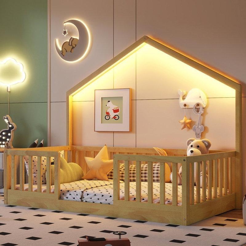 Gri Ahşap LED Işıklı Yüksek Korkuluklu Çatılı Montessori Karyola - 104x202 cm - 142696