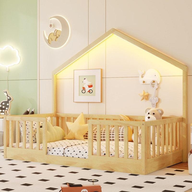 Gri Ahşap LED Işıklı Yüksek Korkuluklu Çatılı Montessori Karyola - 104x202 cm - 142696
