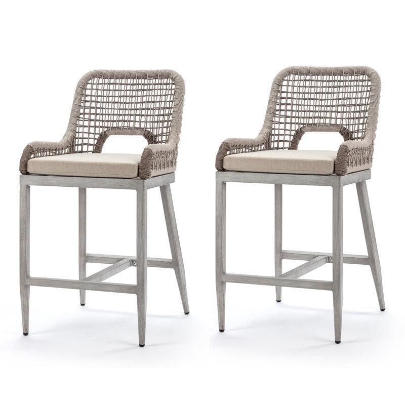 Gri Alüminyum Kolçaklı Rattan Dış Mekan Hasır Bar Sandalyesi İkili Set - 148191