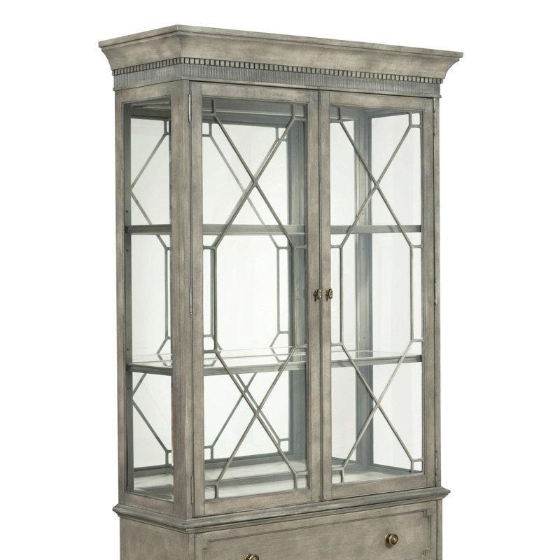 Gri Bej Masif Ahşap Işıklı Çekmeceli Vitrin Gümüşlük - 120x46x209 cm - 157030