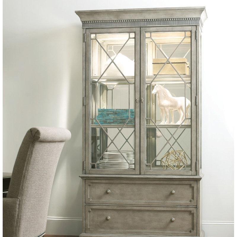 Gri Bej Masif Ahşap Işıklı Çekmeceli Vitrin Gümüşlük - 120x46x209 cm - 157030