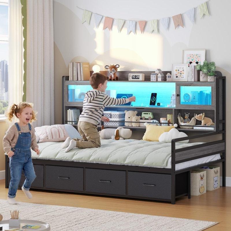 Gri Endüstriyel Ahşap 4 Çekmeceli Kitaplıklı RGB LED Aydınlatmalı Şarj Üniteli Tek Kişilik Karyola - 143020