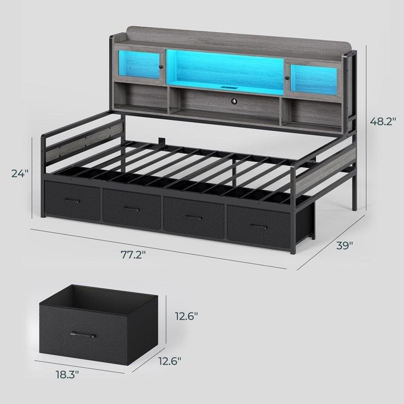 Gri Endüstriyel Ahşap 4 Çekmeceli Kitaplıklı RGB LED Aydınlatmalı Şarj Üniteli Tek Kişilik Karyola - 143020