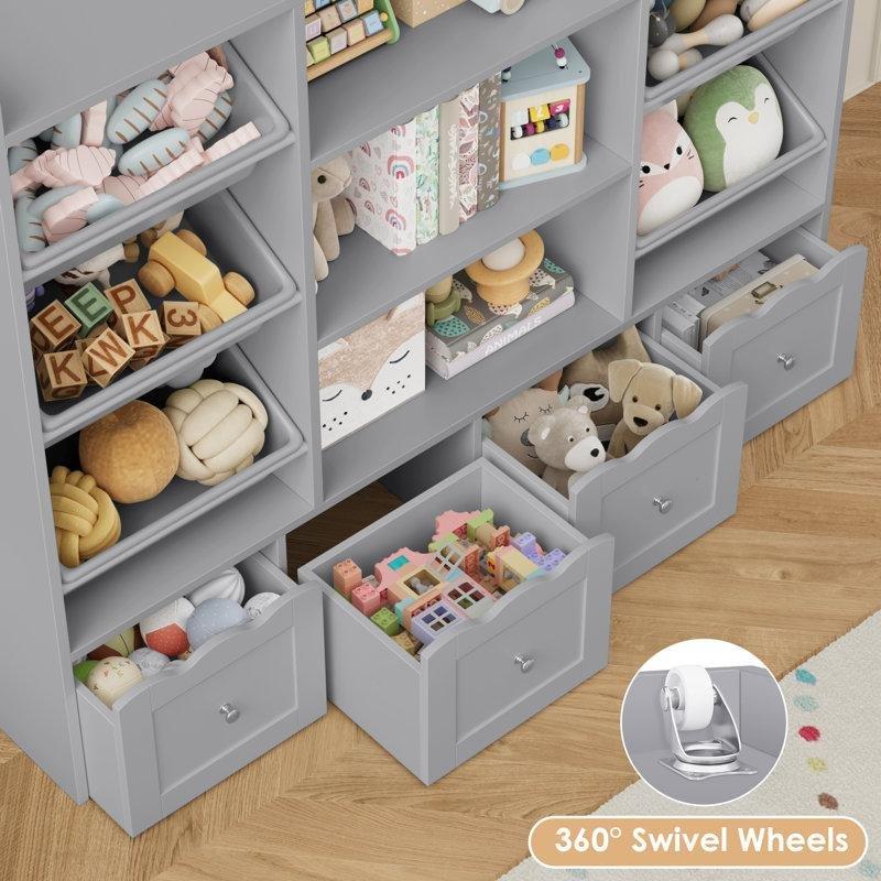 Gri Endüstriyel Ahşap 4 Çekmeceli ve 6 Sepetli Raflı Tekerlekli Oyuncak Dolabı - 140x122 cm - 150507