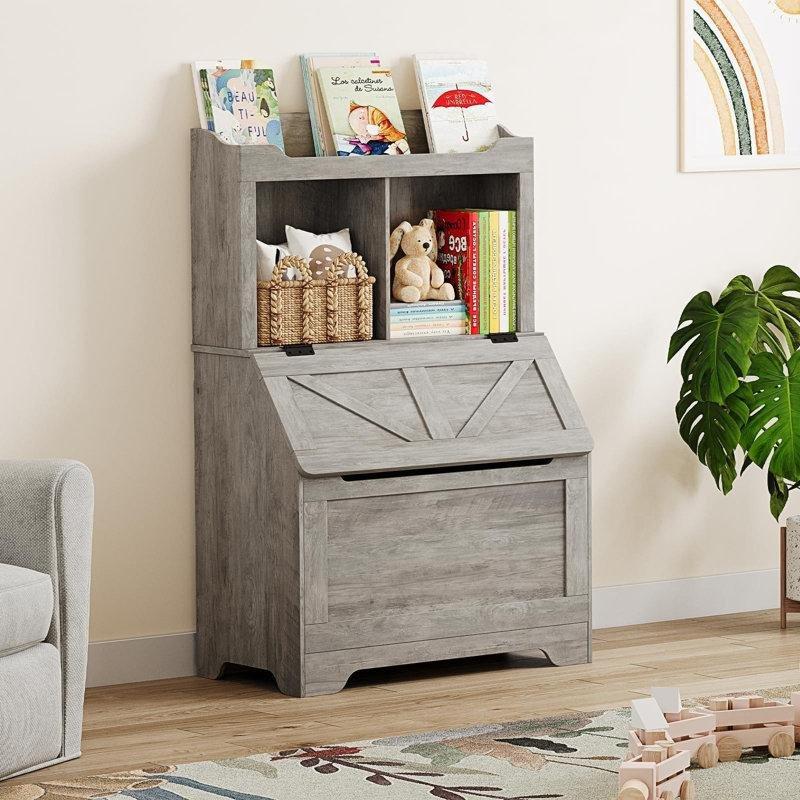 Gri Endüstriyel Ahşap Kapaklı Sandıklı 3 Raflı Oyuncak Dolabı - 122x79x40 cm - 150000