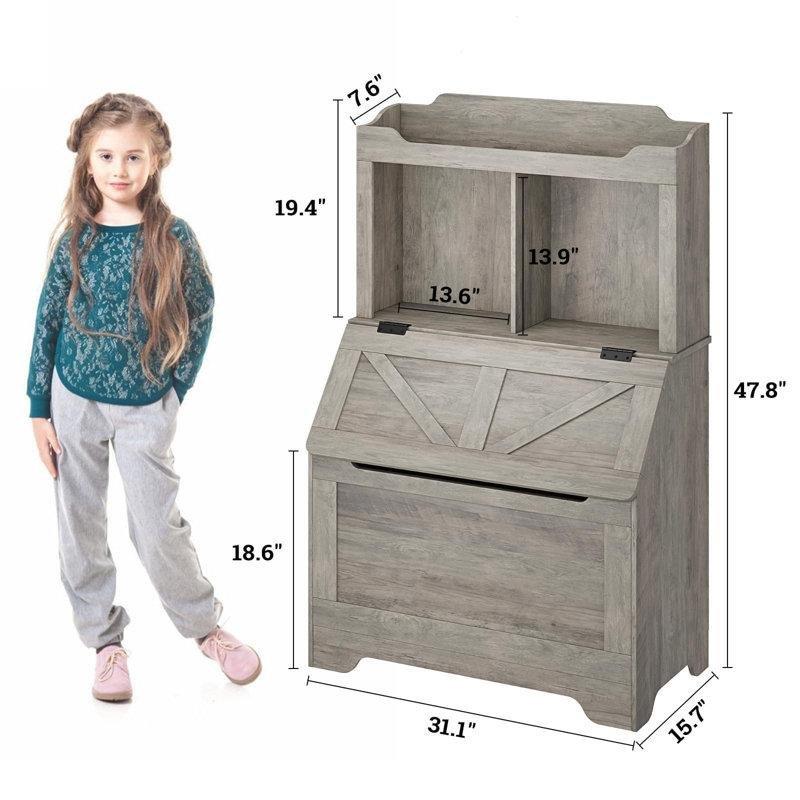 Gri Endüstriyel Ahşap Kapaklı Sandıklı 3 Raflı Oyuncak Dolabı - 122x79x40 cm - 150000