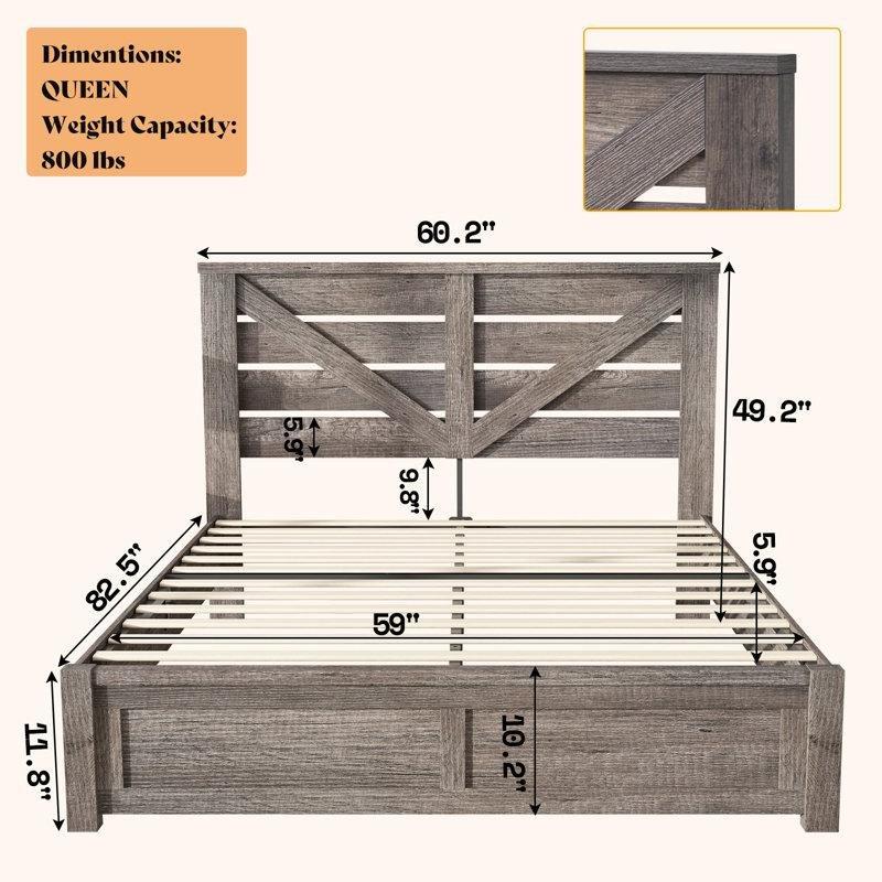 Gri Eskitme Dokulu Ahır Kapısı Başlıklı Endüstriyel Ahşap Karyola - 153x210 cm - 143440