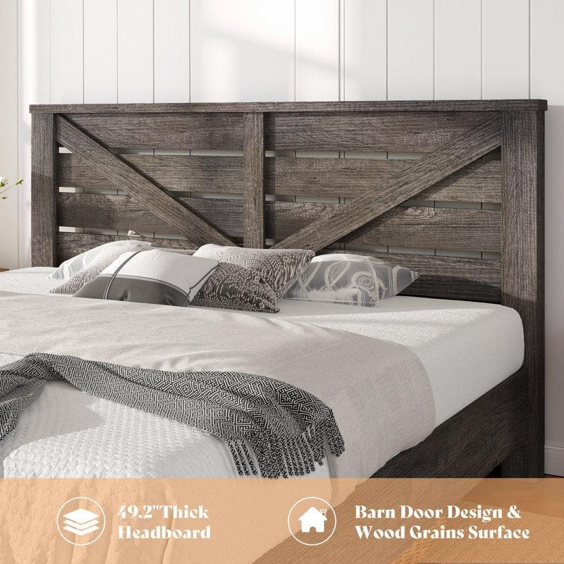 Gri Eskitme Dokulu Ahır Kapısı Başlıklı Endüstriyel Ahşap Karyola - 153x210 cm - 143440