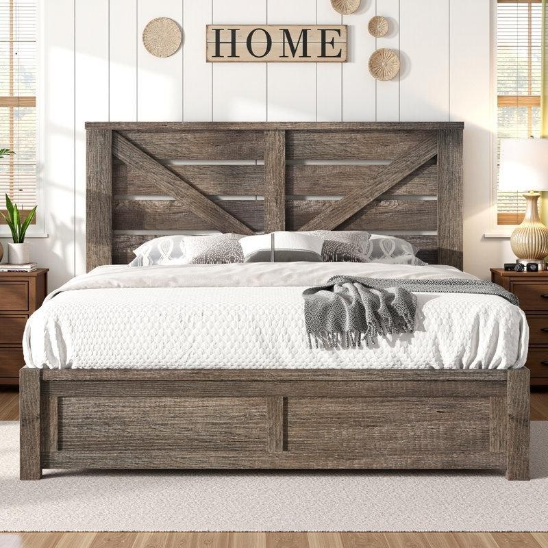 Gri Eskitme Dokulu Ahır Kapısı Başlıklı Endüstriyel Ahşap Karyola - 153x210 cm - 143440