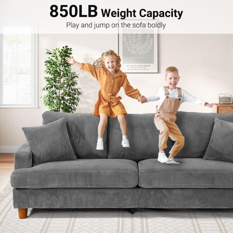 Gri Fitilli Kadife Masif Ahşap Ayaklı 3 Kişilik Koltuk - 220 cm - 153688