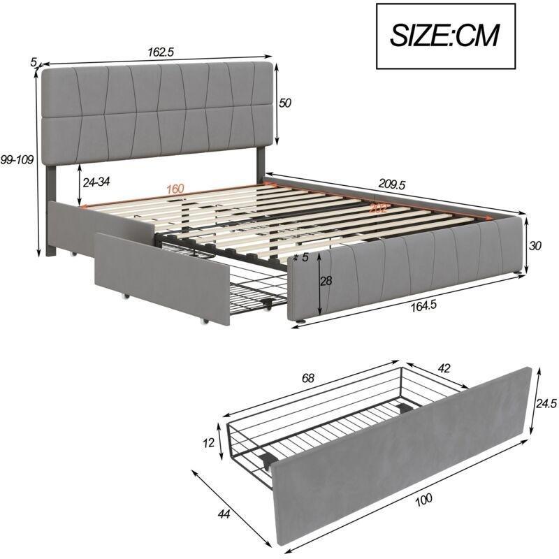 Gri Kadife Başlıklı 4 Çekmeceli Metal Baza - 160x200 cm - 143874