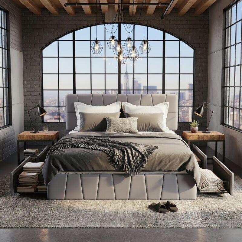 Gri Kadife Başlıklı 4 Çekmeceli Metal Baza - 160x200 cm - 143874