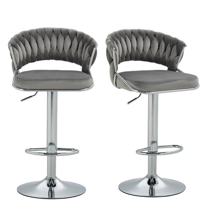 Gri Kadife Döner Ayarlanabilir Kolçaklı Metal Bar Sandalyesi 2li Set - 148032