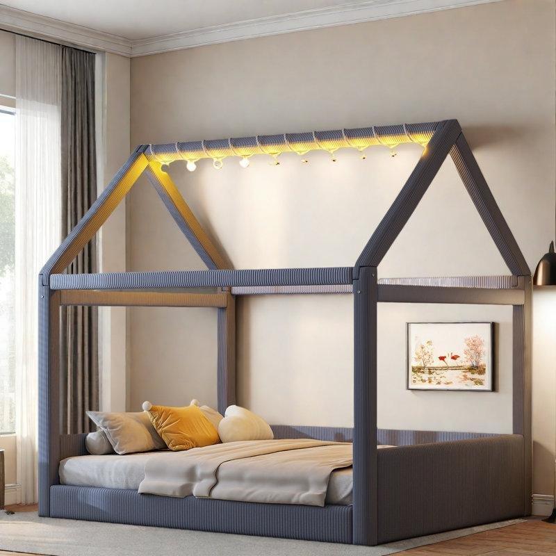 Gri Kadife Döşemeli LED Işıklı Ev Şeklinde Divan Tipi Karyola - 140x200 cm - 142849