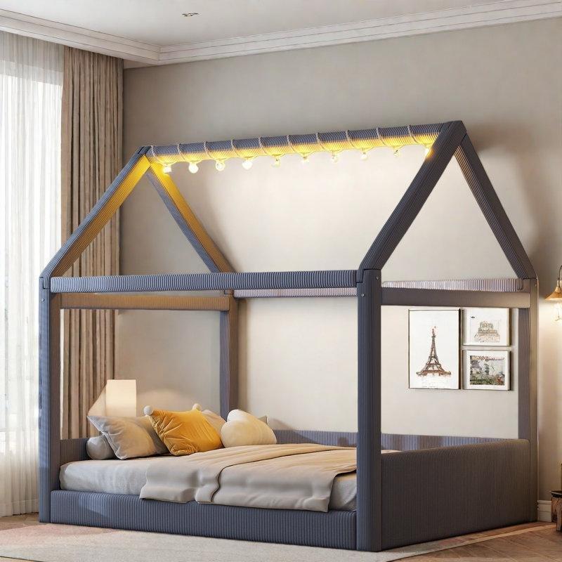 Gri Kadife Döşemeli LED Işıklı Ev Şeklinde Divan Tipi Karyola - 140x200 cm - 142849