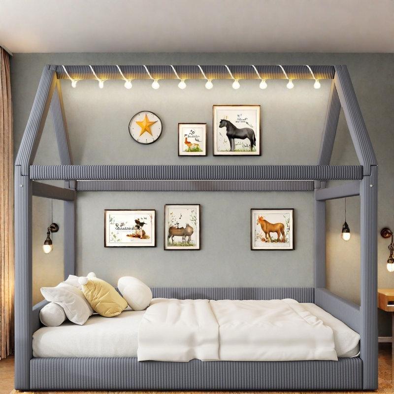 Gri Kadife Döşemeli LED Işıklı Ev Şeklinde Divan Tipi Karyola - 140x200 cm - 142849