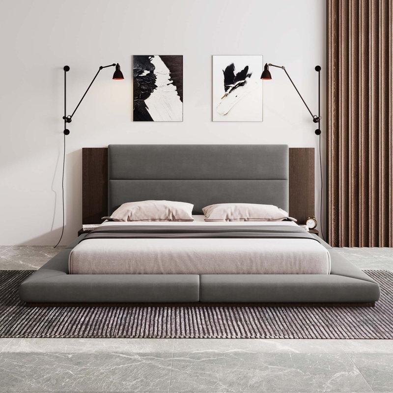 Gri Kadife Döşemeli LED Işıklı ve Raflı Modern Platform Karyola - 246x231 cm - 142567