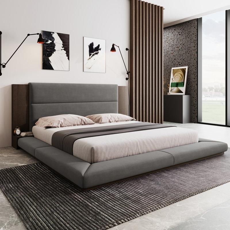 Gri Kadife Döşemeli LED Işıklı ve Raflı Modern Platform Karyola - 246x231 cm - 142567