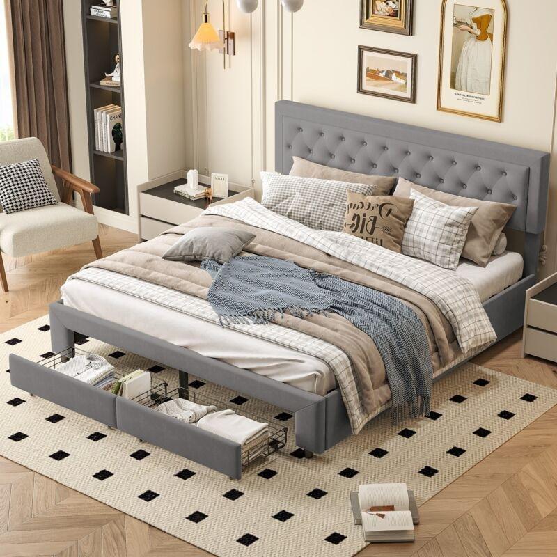 Gri Kadife Düğme Detaylı İki Çekmeceli Sandıklı Baza - 160x200 cm - 143808