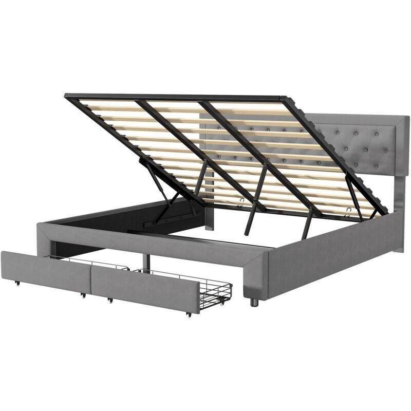 Gri Kadife Düğme Detaylı İki Çekmeceli Sandıklı Baza - 160x200 cm - 143808