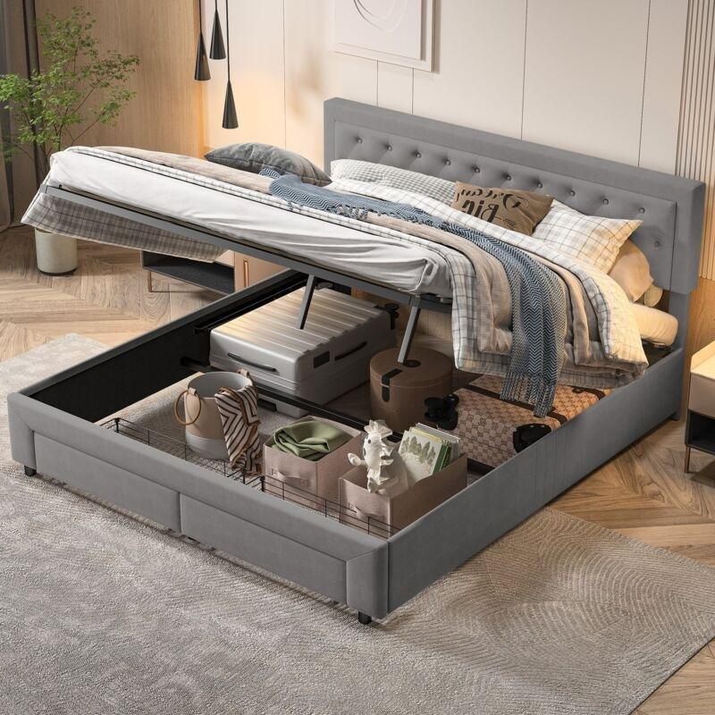 Gri Kadife Düğme Detaylı İki Çekmeceli Sandıklı Baza - 160x200 cm - 143808