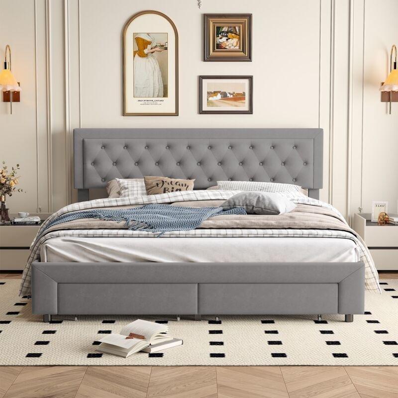 Gri Kadife Kapitoneli 2 Çekmeceli Sandıklı İskandinav Baza - 160x200 cm - 143979