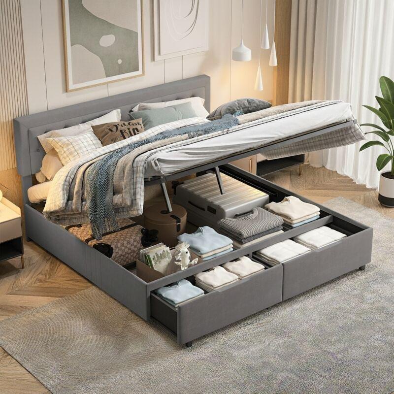 Gri Kadife Kapitoneli 2 Çekmeceli Sandıklı İskandinav Baza - 160x200 cm - 143979