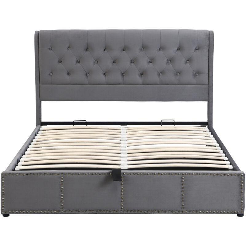 Gri Kadife Kapitoneli Hidrolik Sandıklı Çift Kişilik Baza - 160x200 cm - 144099
