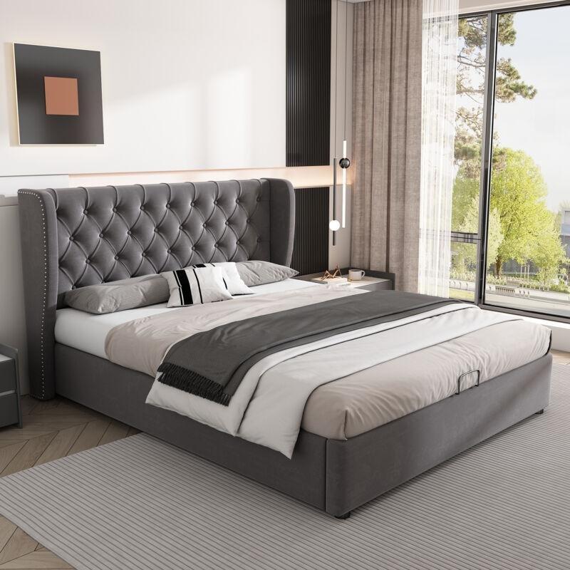 Gri Kadife Kapitoneli Sandıklı Kulaklı Başlıklı Baza - 140x200 cm - 143966