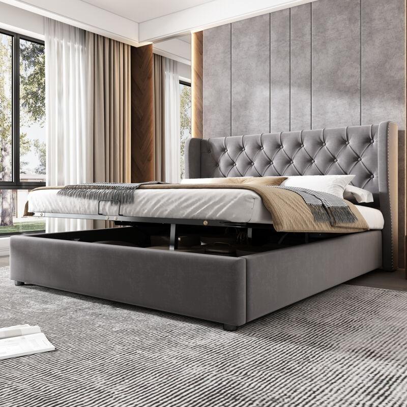 Gri Kadife Kapitoneli Sandıklı Kulaklı Başlıklı Baza - 140x200 cm - 143966