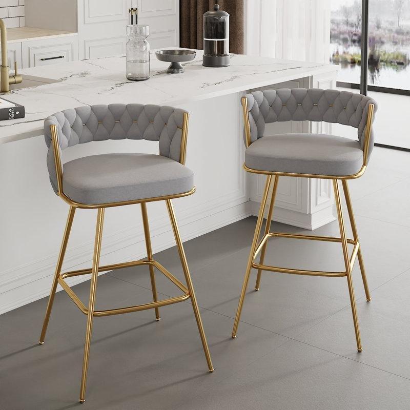Gri Kadife Kapitoneli Yüksek Sırtlı Gold Ayaklı Bar Sandalyesi 2li Set - 62 cm - 148056