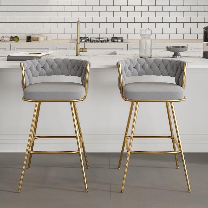 Gri Kadife Kapitoneli Yüksek Sırtlı Gold Ayaklı Bar Sandalyesi 2li Set - 62 cm - 148056